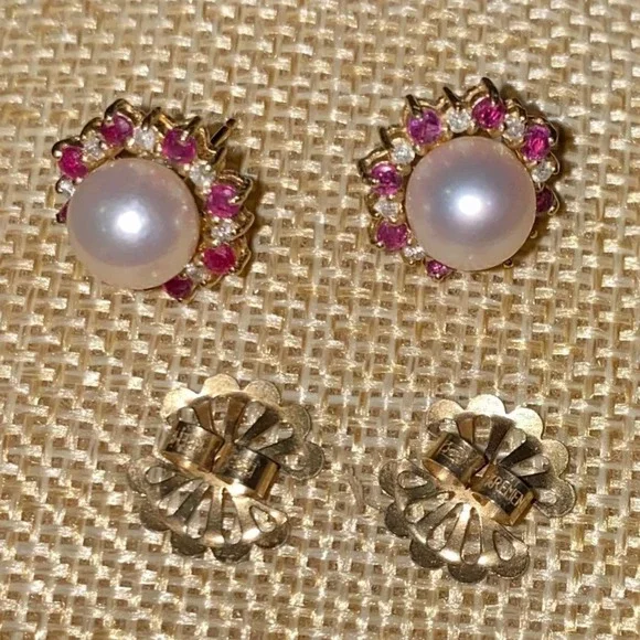 14K Stamped Yellow Gold Pearl Ruby Diamond Earrings